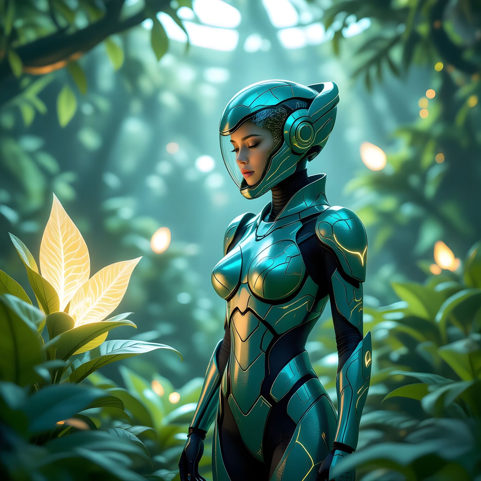 Armored Woman in Bio-Dome: a 3D Render