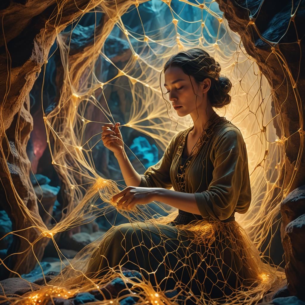 Surreal Woman Weaving Glowing Web in Cavern
