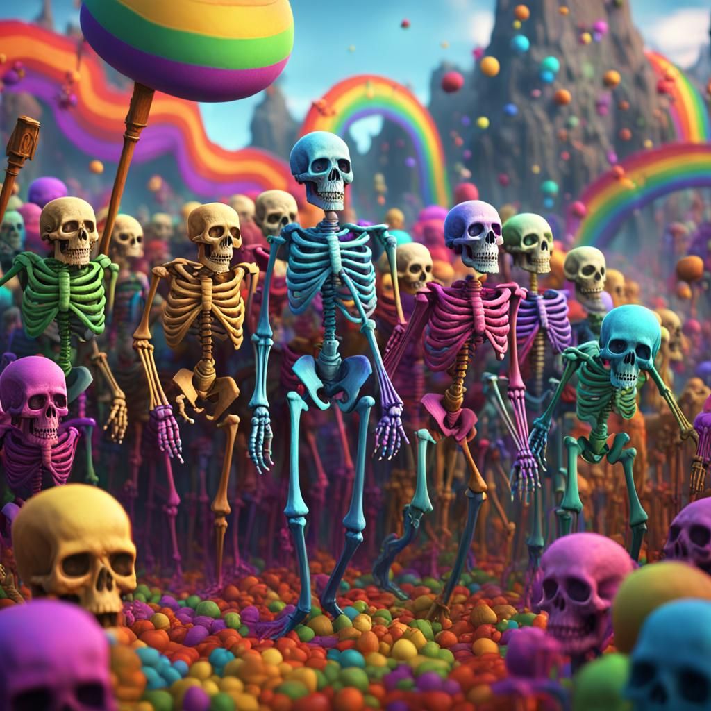 Rainbow Skeleton Army: Cheerful Fantasy Concept Art