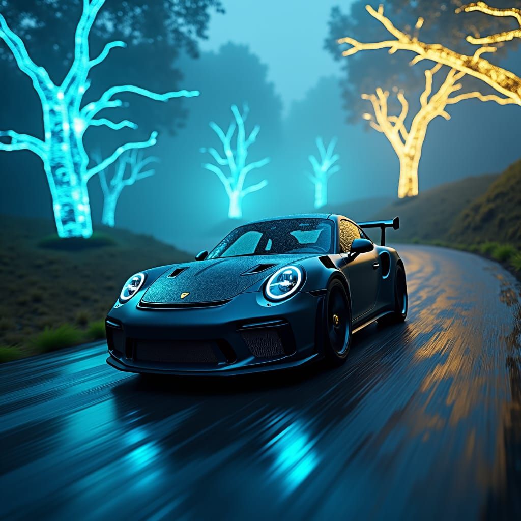 Black Porsche GT3 RS on Mystical Road in 8k