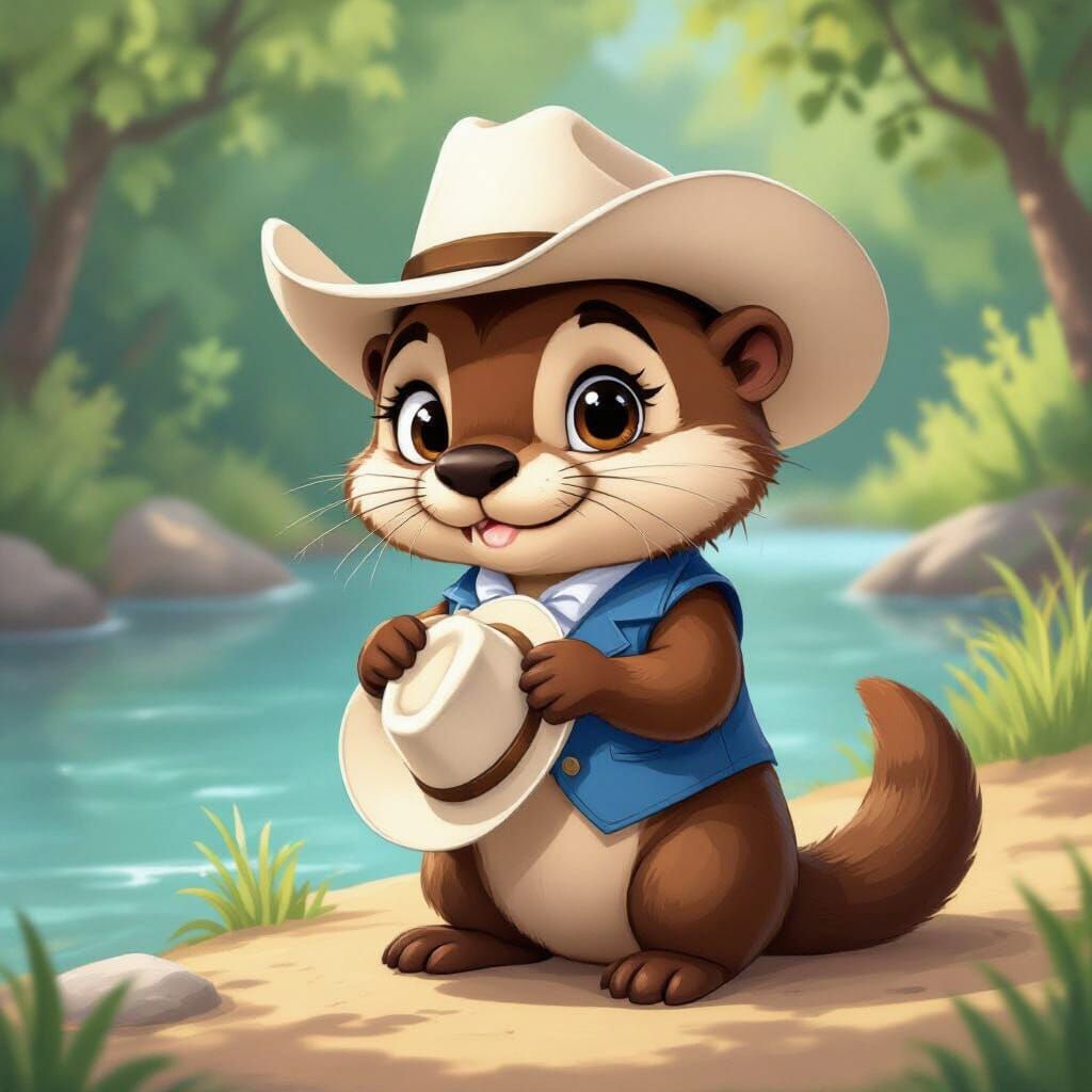 Whimsical Cartoon Otter with Cowboy Hat by Riverbank