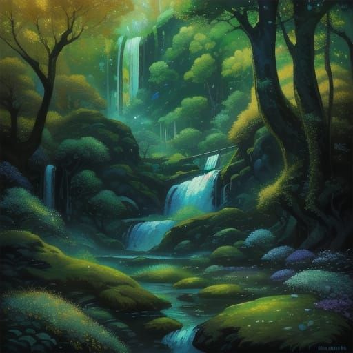 Lush Forest Waterfall Scene with Wildlife