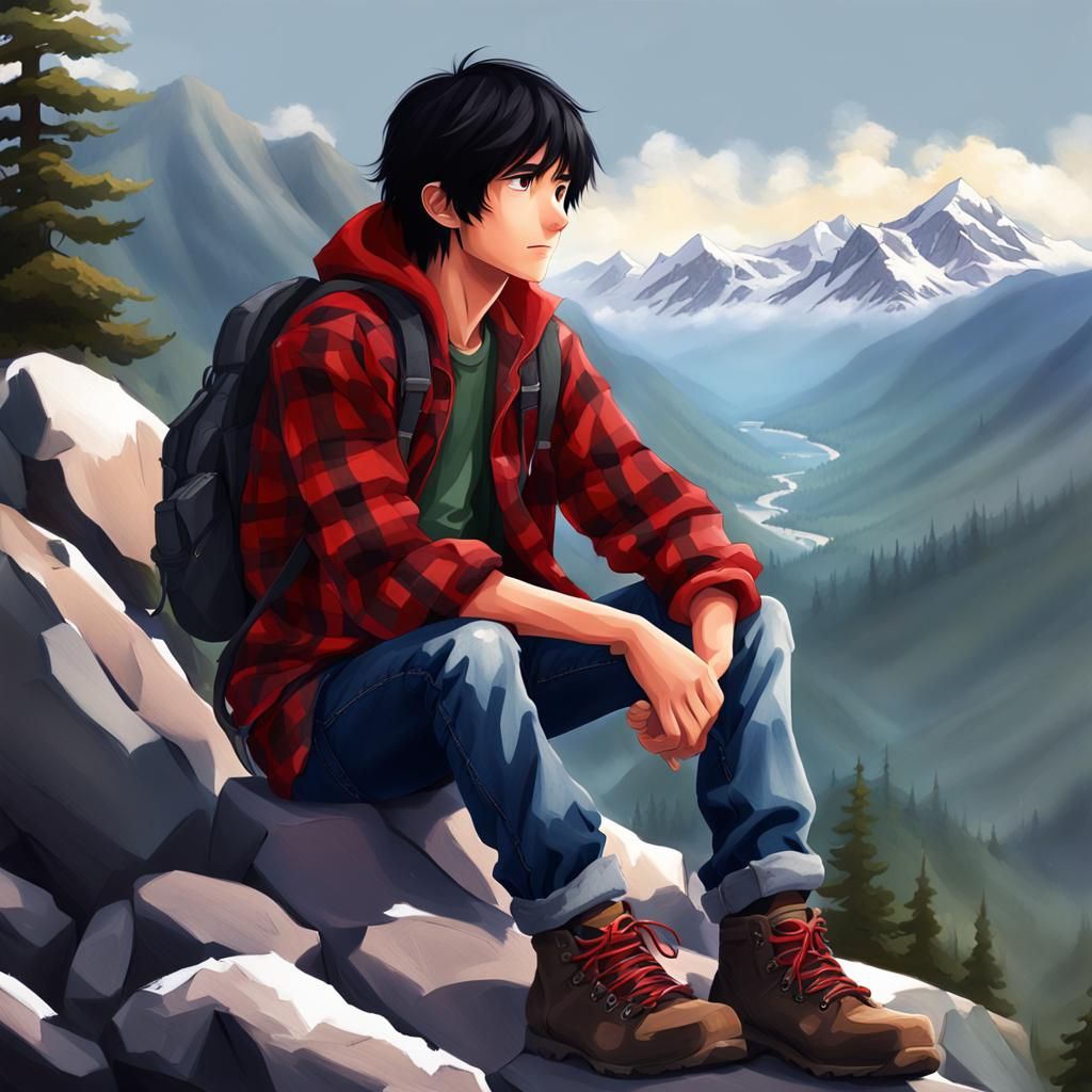 Teenager Gazing at Misty Mountains: Anime Digital Painting