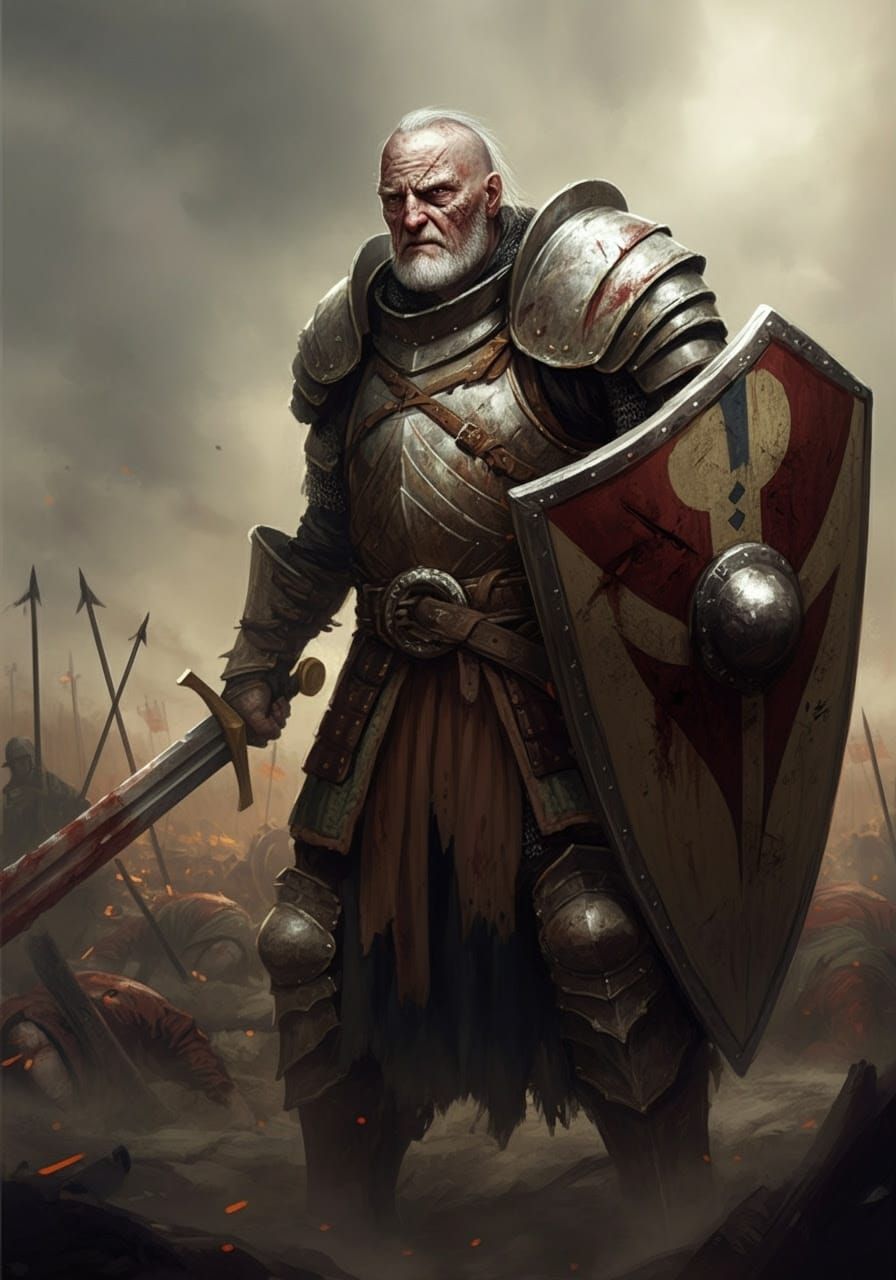 Weathered Fantasy Warrior Stands Resolute Amidst Ruin