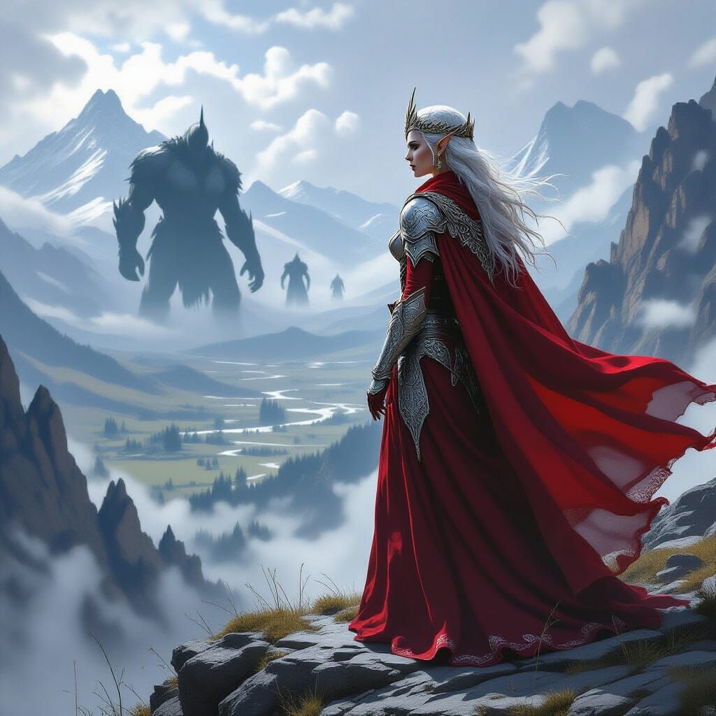 Elven Queen on Mountain Peak Overlooking War-Torn Valley