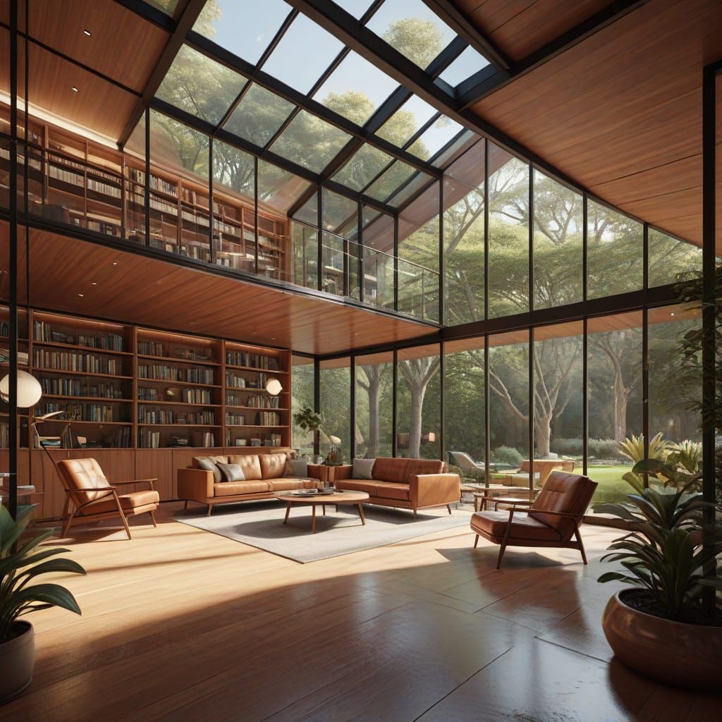 Mid-Century Modern House with Central Library in Glass Atriu...