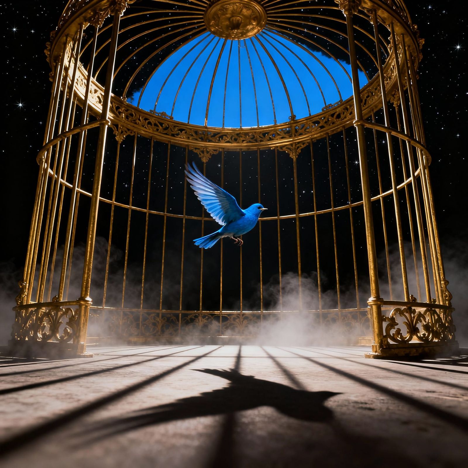 Blue Bird in Golden Cage Against Void