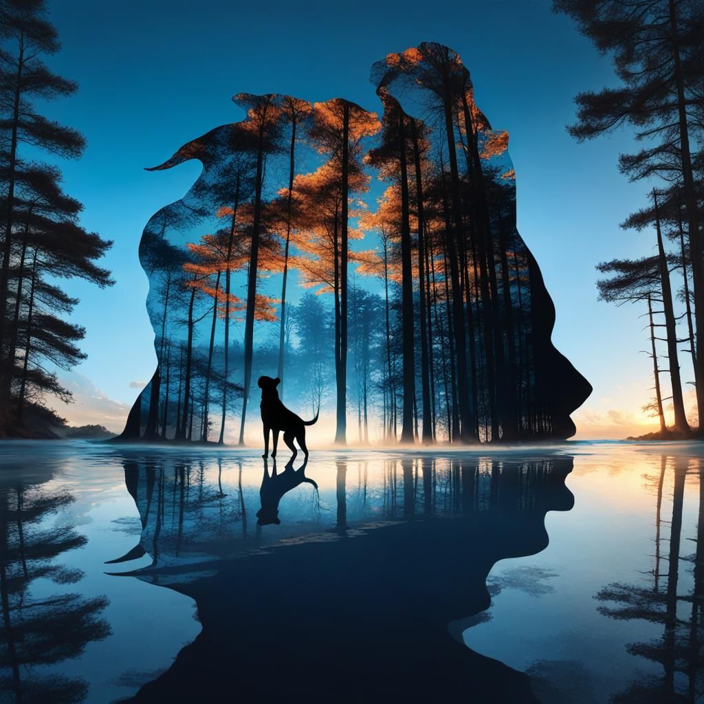 Double Exposure Art: Beach Dog & Forest Woman