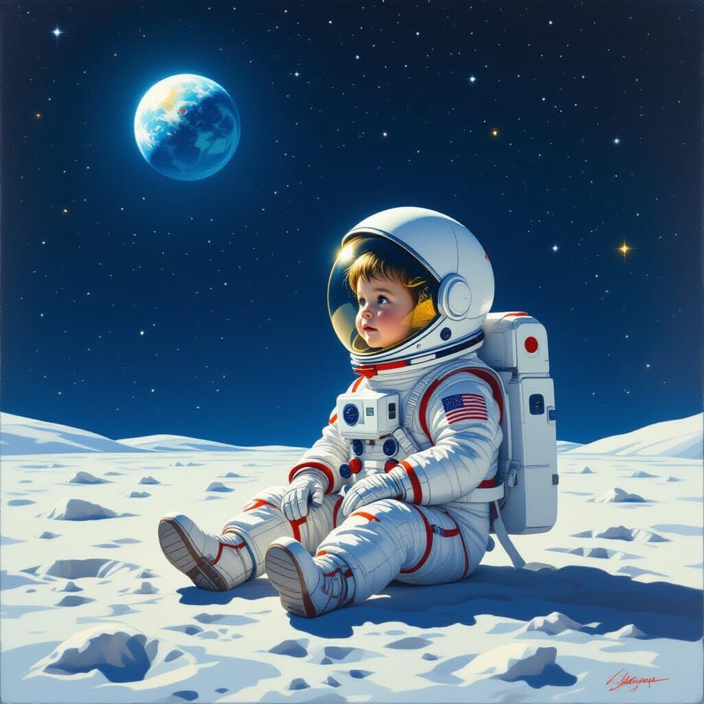 Child Astronaut on Moon in Digital Art Style