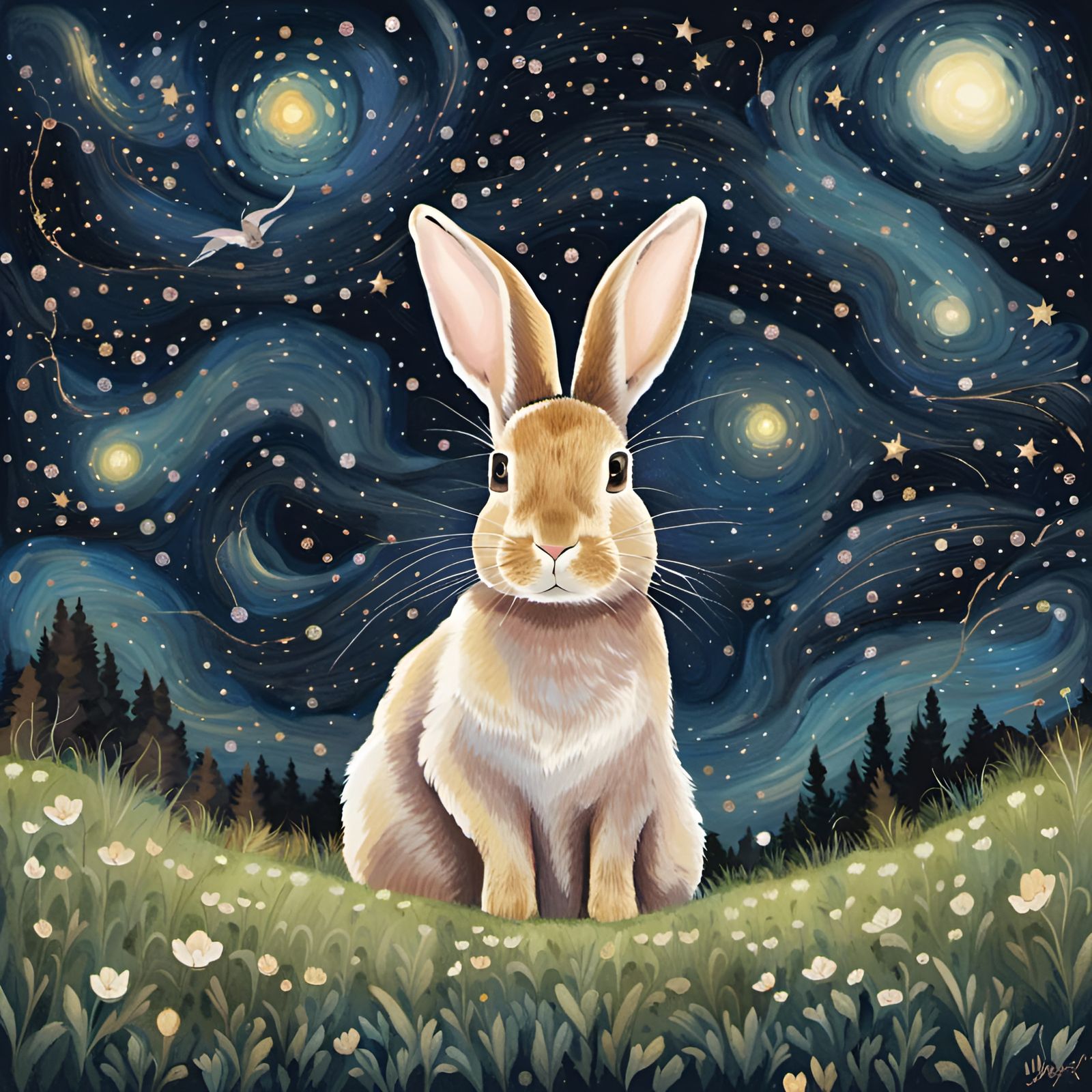 Rabbit in Starry Night Field