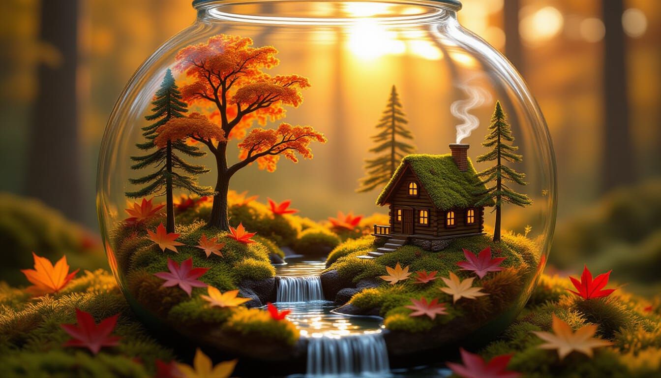 Autumn Forest Terrarium with Whimsical Cabin at Sunset