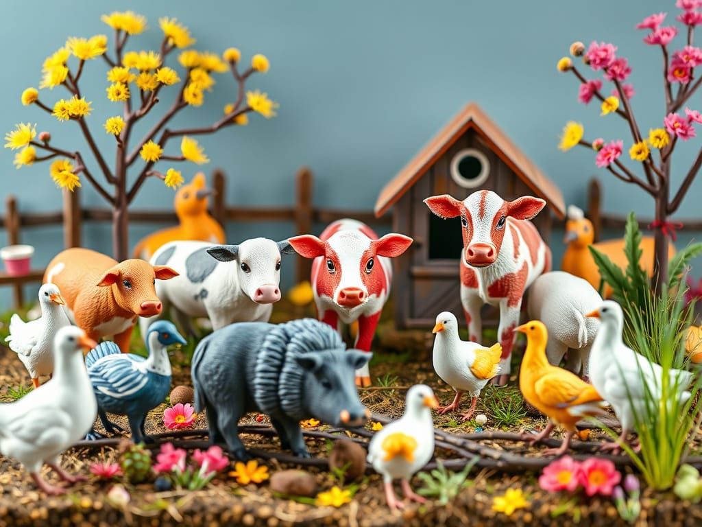 Colorful Felt Farm Animals in Naive Art Style