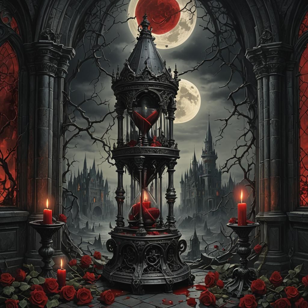 Gothic Hourglass with Blood in Dark Castle Chamber