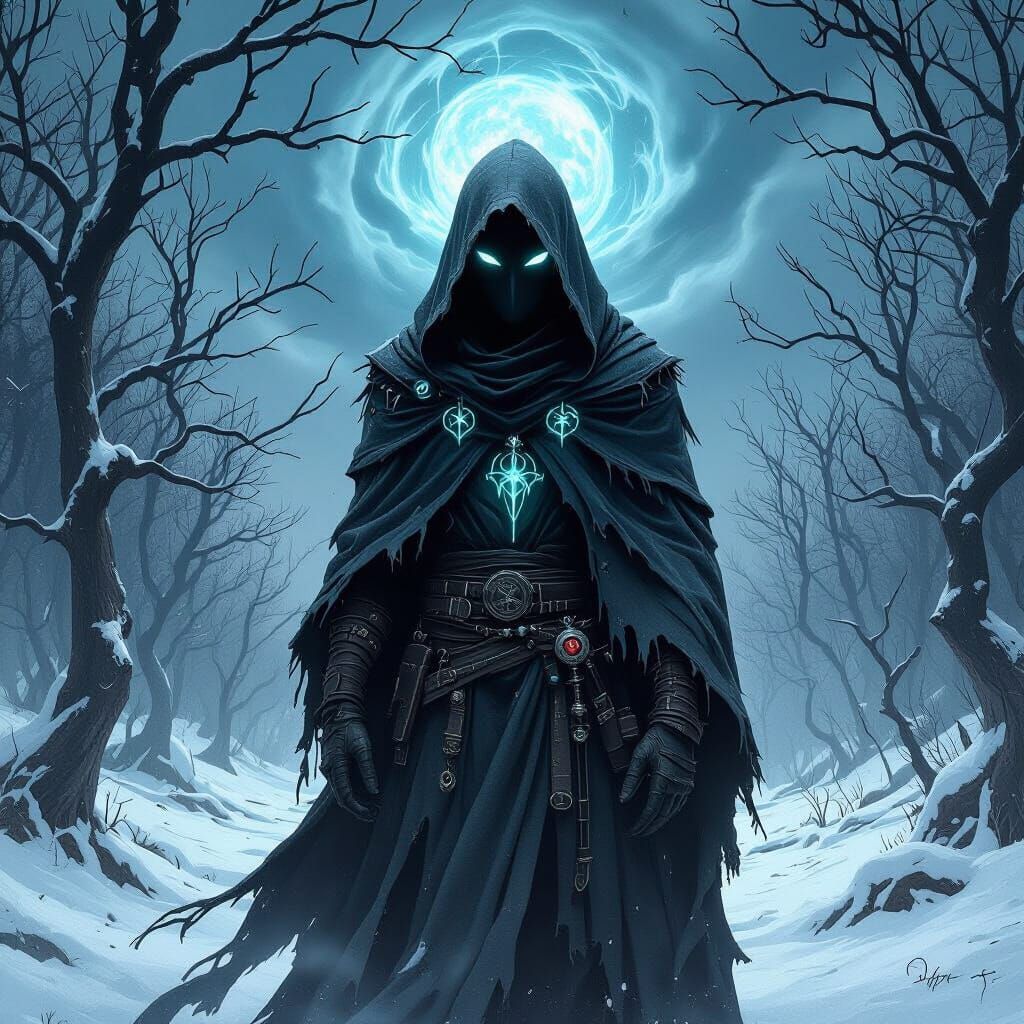 Masked Figure in Winter Forest: Mystical Futurism