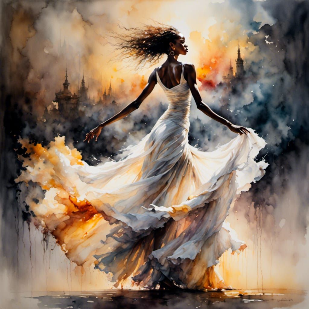 An ethereal woman dances amidst smoke.