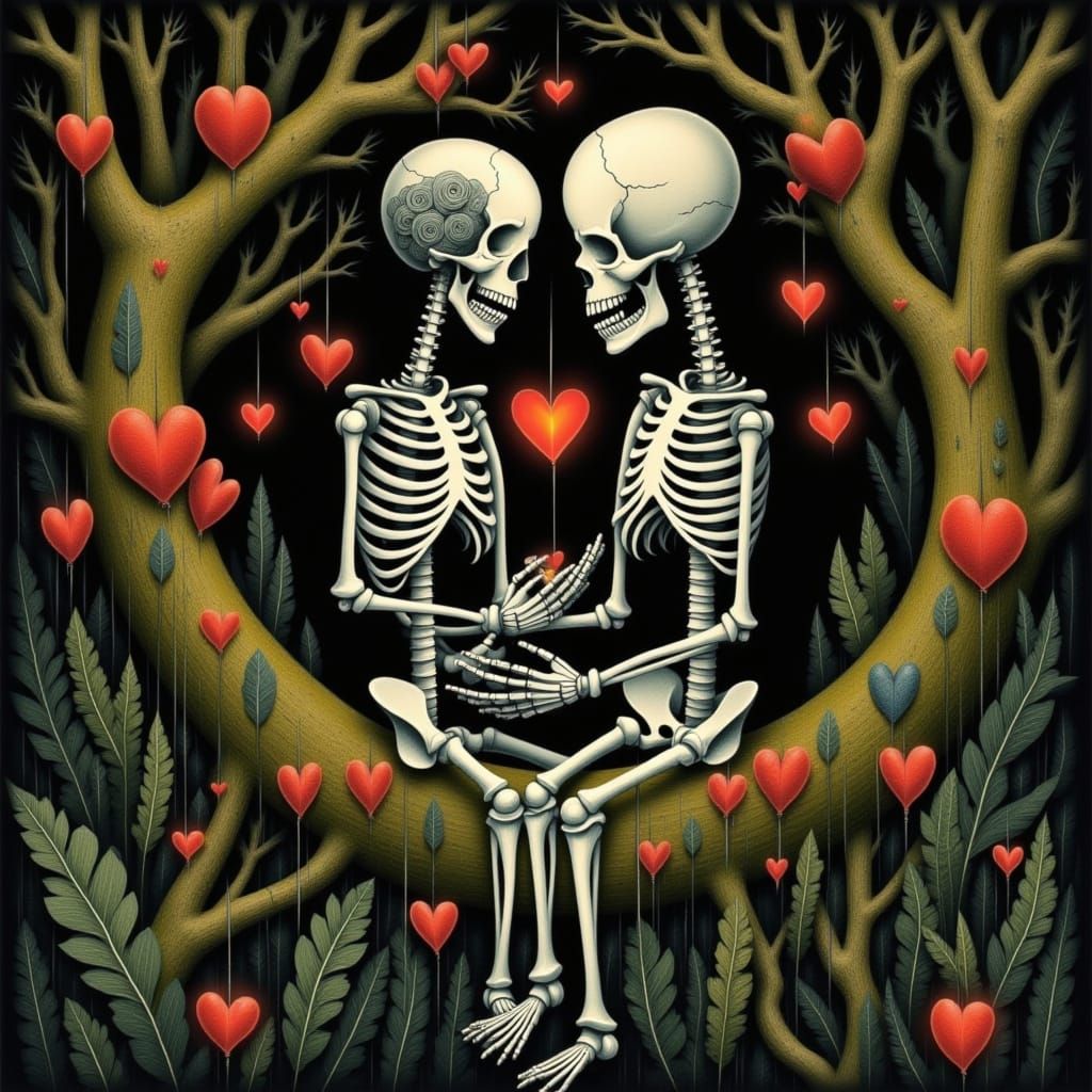 Skeletal Couple in Twilight Forest with Glowing Hearts