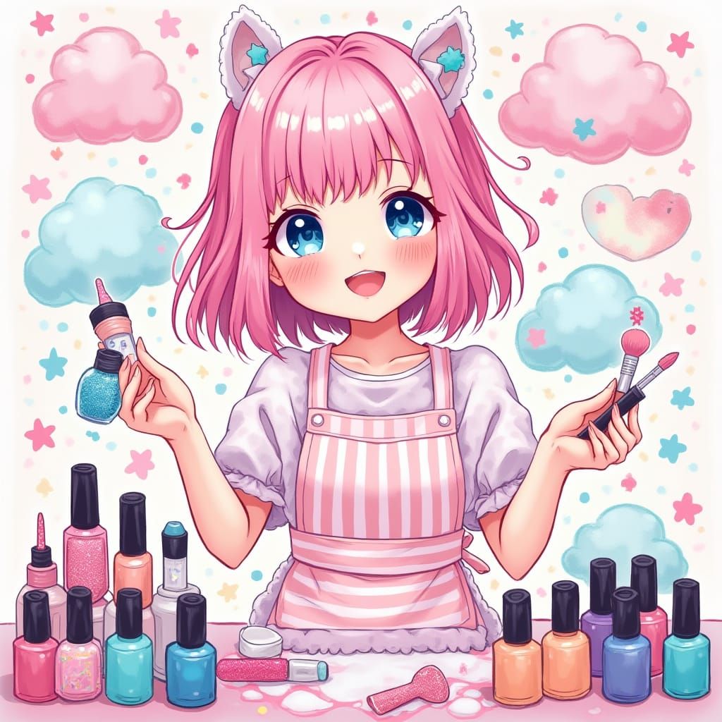 Cute Anime Girl with Bright Colors and Whimsical Nail Design...