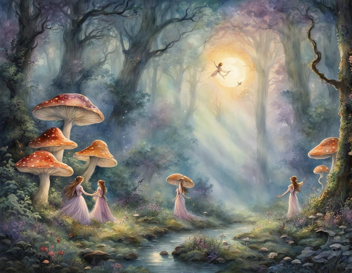 Fairies Dancing in Moonlit Forest Ring