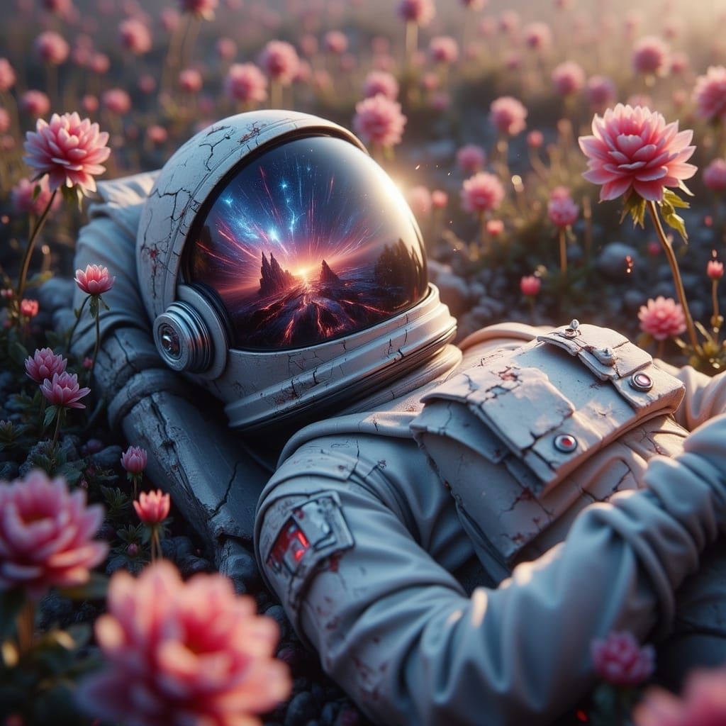 Astronaut in Fantasy Garden, Cracked Helmet Reflected with I...