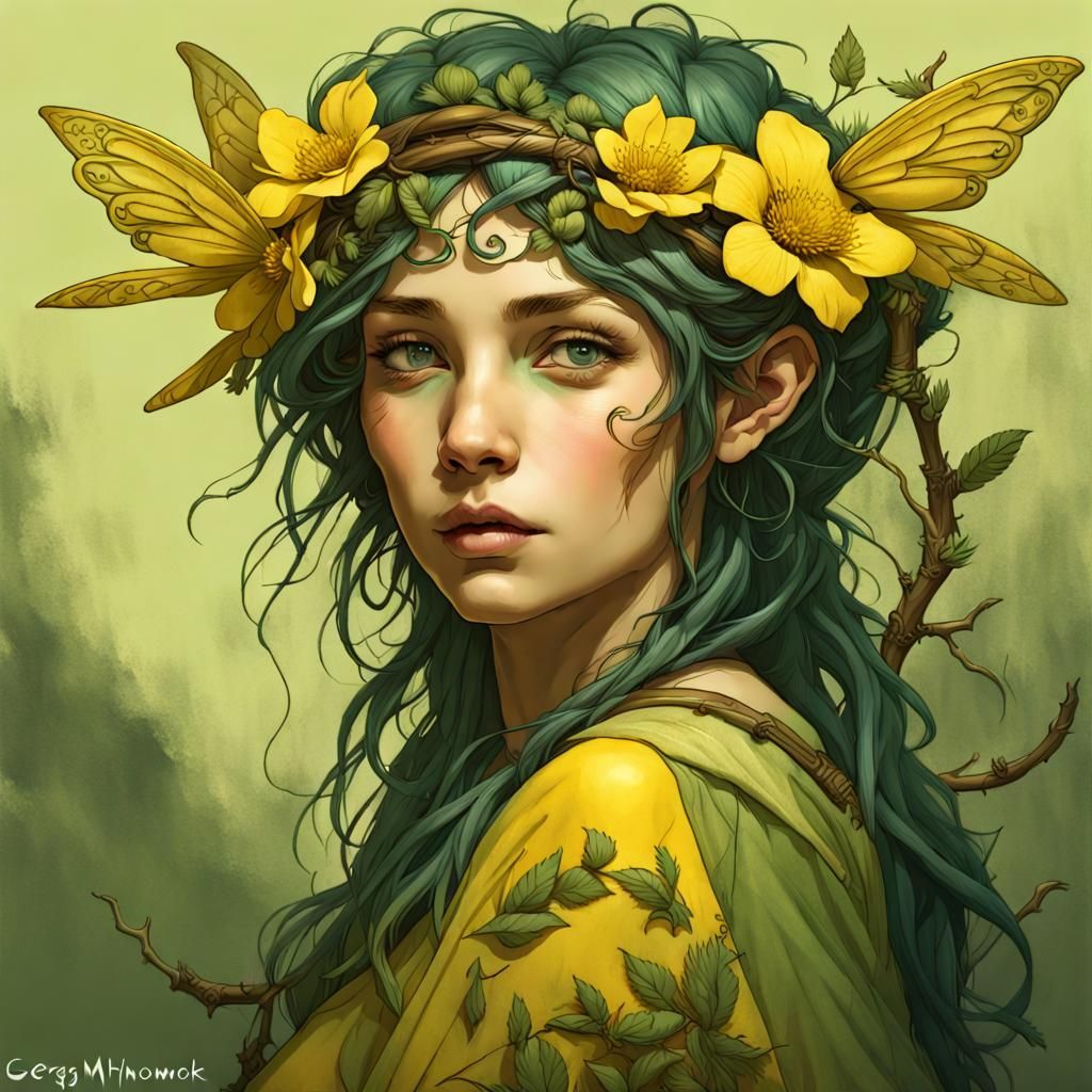 a flower fairy, dark yellow and green