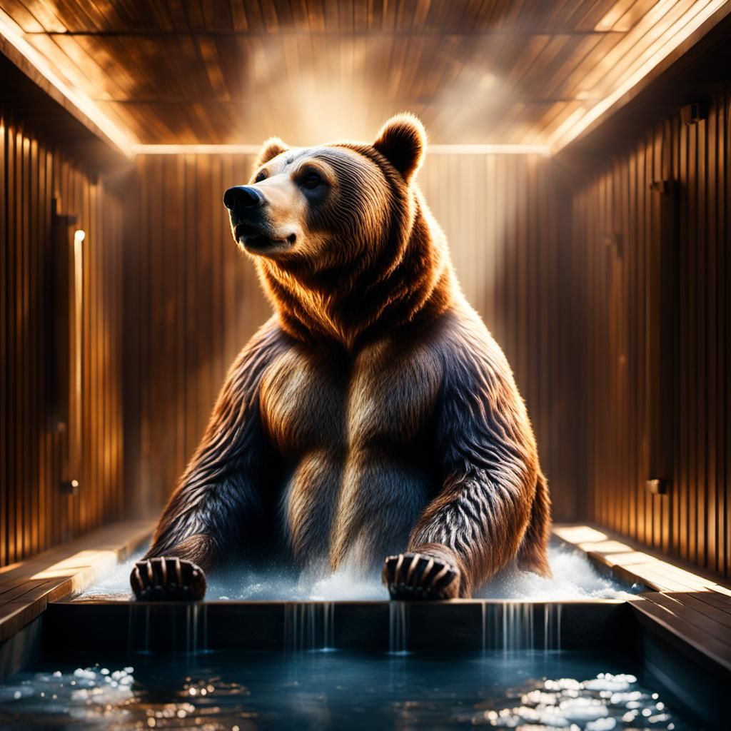 Bear Bathes in Sunlight: Hyperrealistic Steam Room