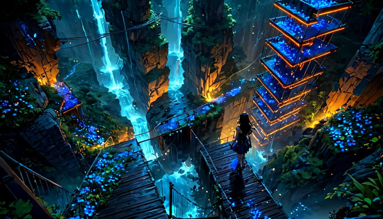 Bioluminescent Bridge Walker in Cel-Shaded Anime Style