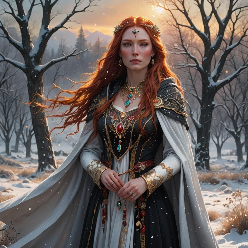 Snow Goddess with Gemstones in Meadow, Fantasy Art