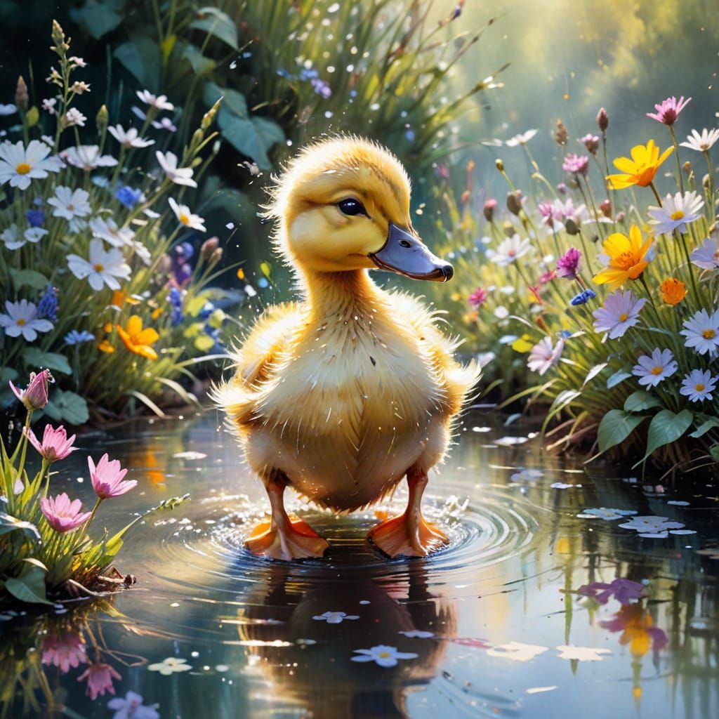 Vibrant Duckling in a Sunlit Garden Oasis