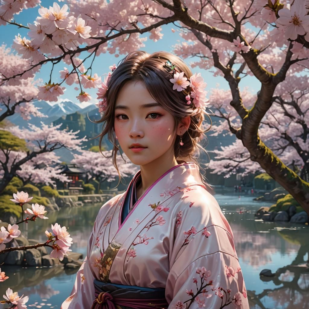 Cherry Blossom Over Japanese Lake, Art Nouveau Style