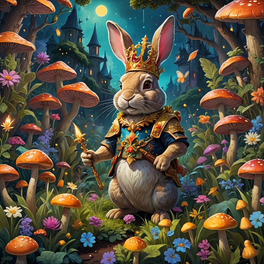 Fantasy Garden: Cartoon Rabbit King in Oil Painting