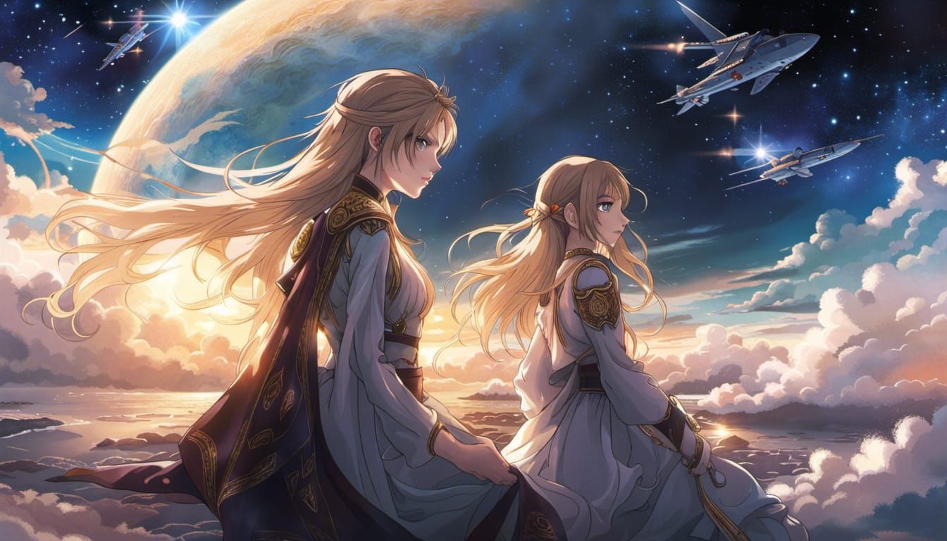 Anime Cat Girl in Starscape Battleship Fantasy Art