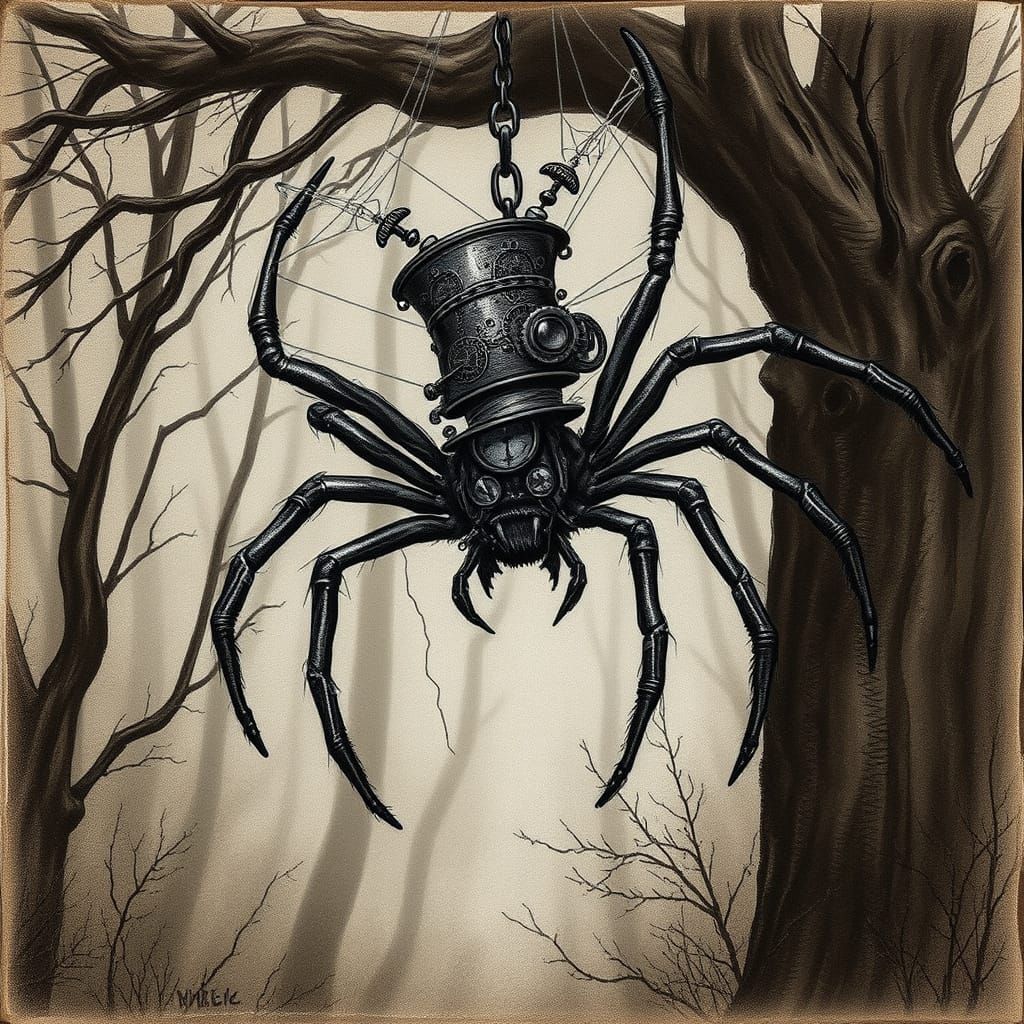 Steampunk Spider in a Haunting Foggy Forest