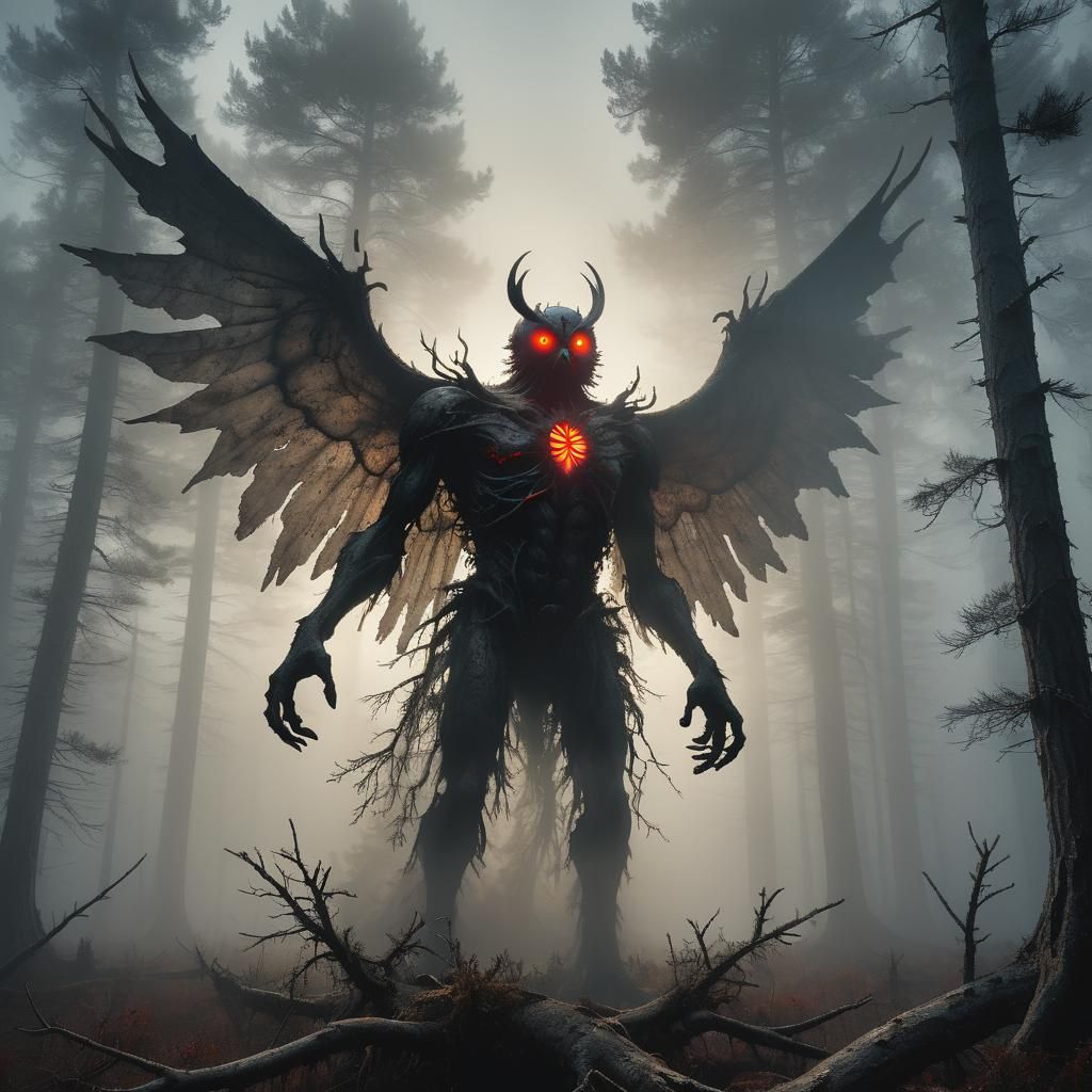 Mothman in Misty Pine Barrens: Surrealist Dark Fantasy