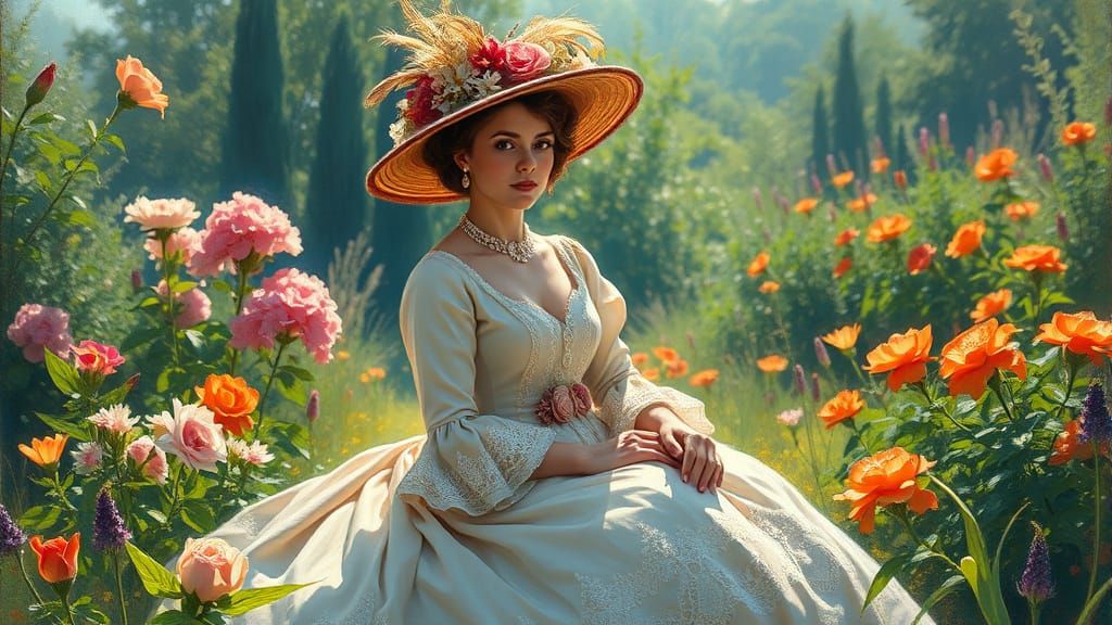 Woman in 19th Century Attire in a Serene Impressionist Garde...