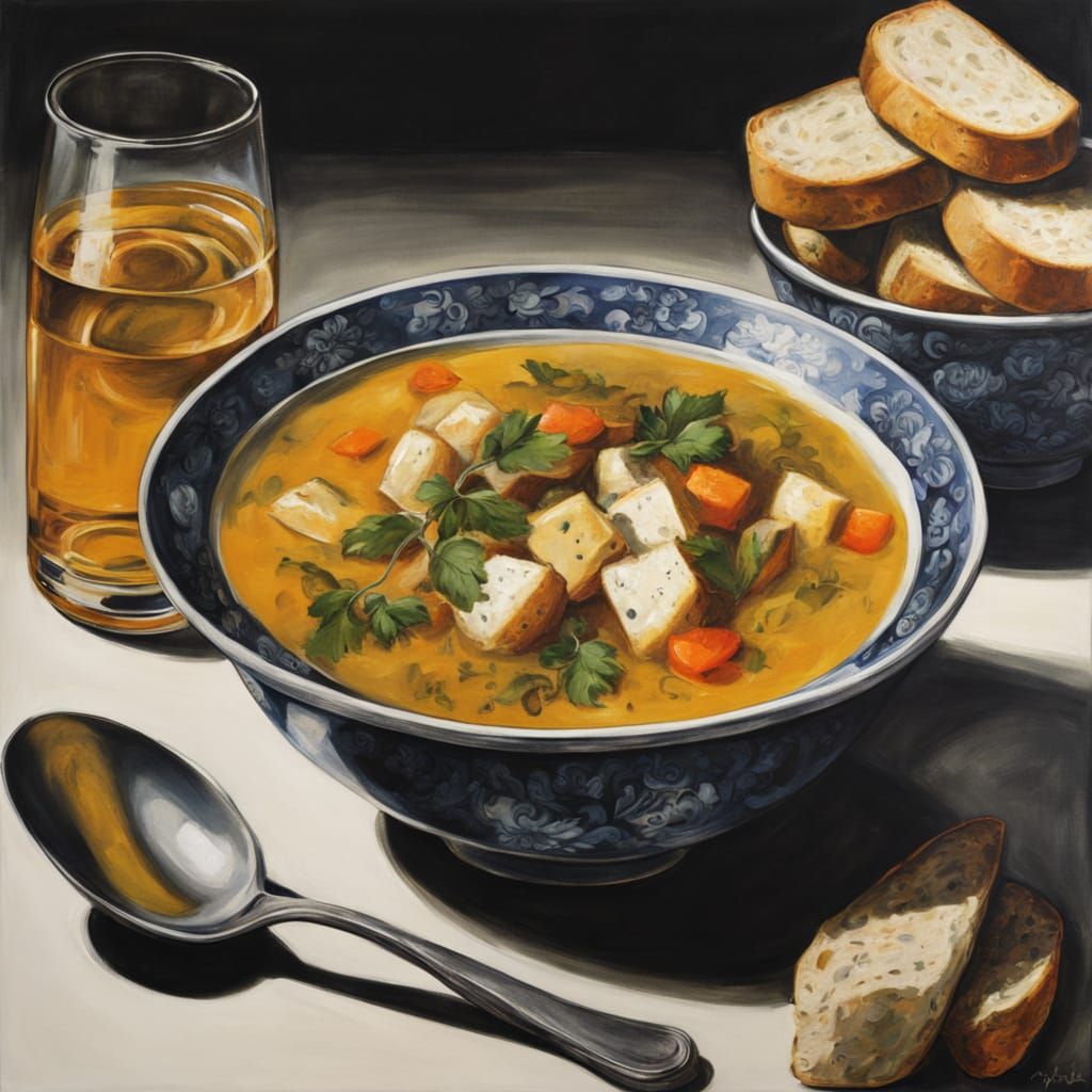 Warmth of a Golden Still Life with Fresh Herbs and Crusty Br...