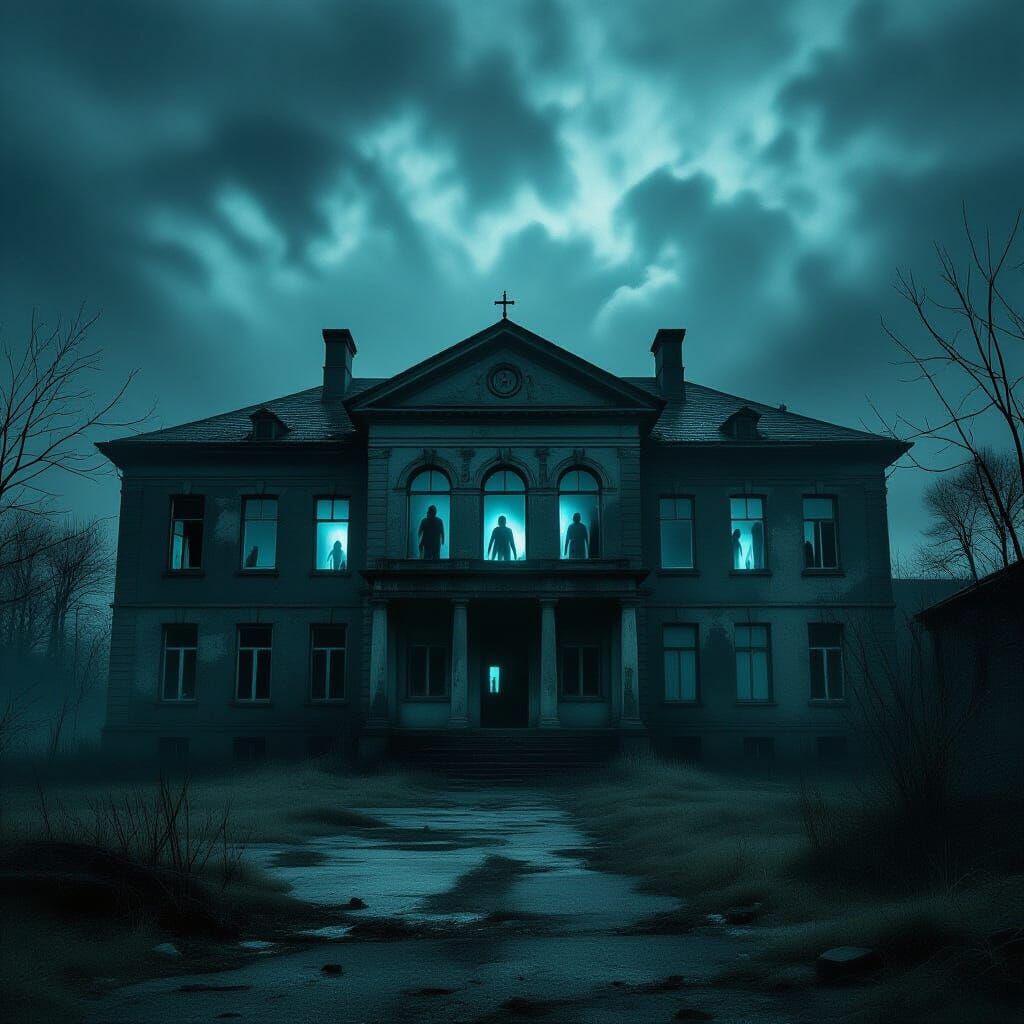 Gothic Horror School Under Stormy Sky
