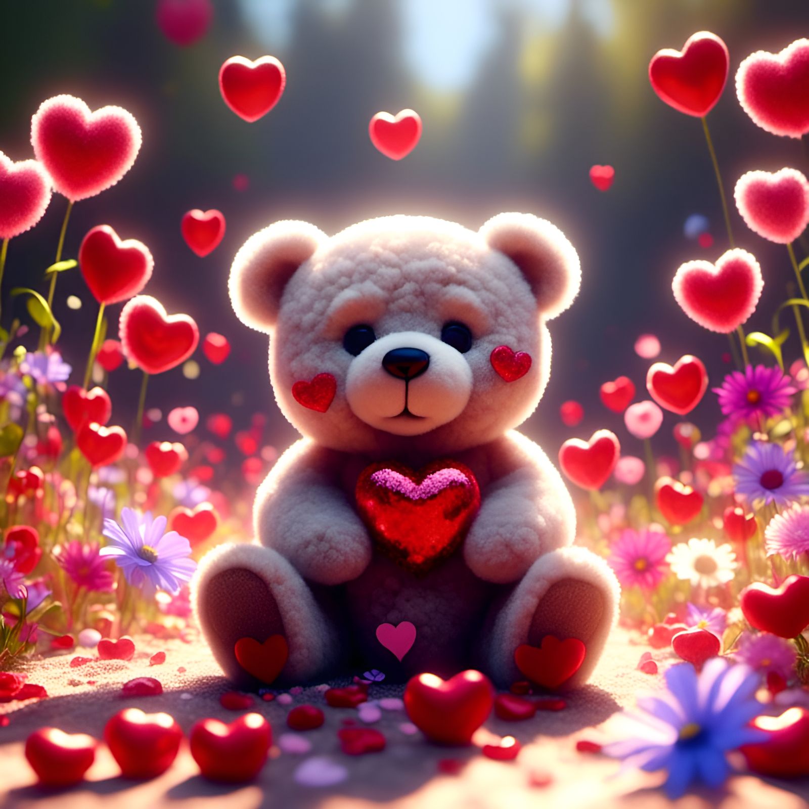 Adorable Teddy Bear Surrounded by Hearts and Flowers
