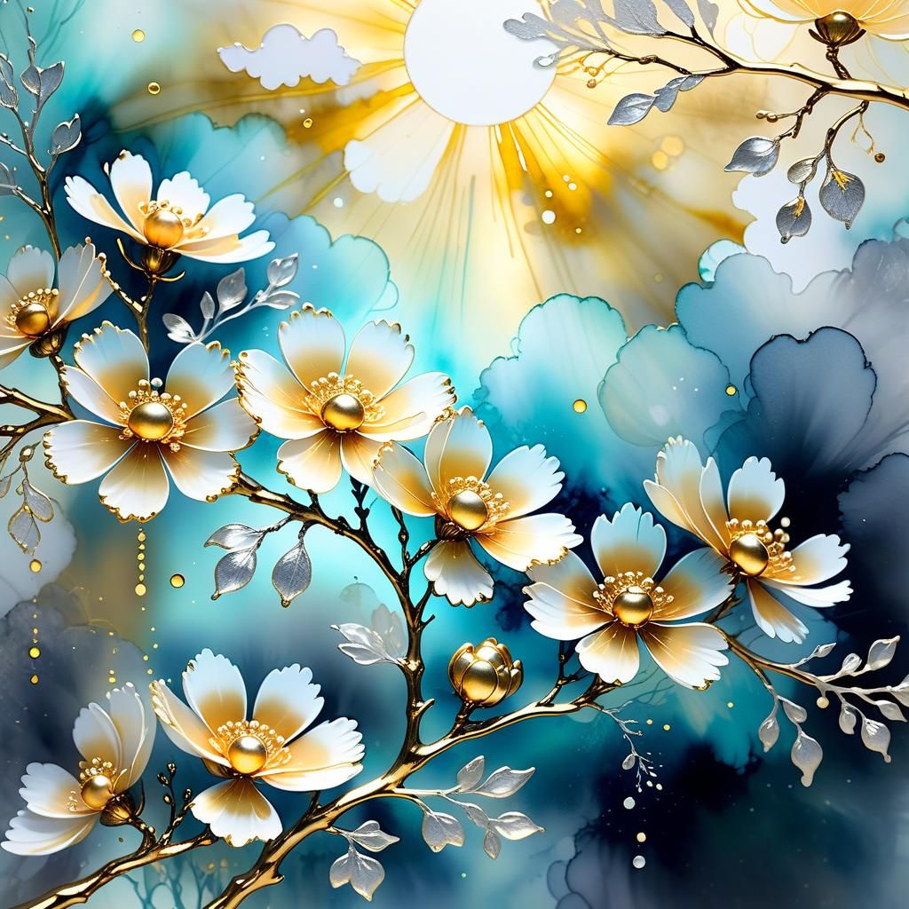 Ethereal Flower Blossoms with Divine Sunshine Beams
