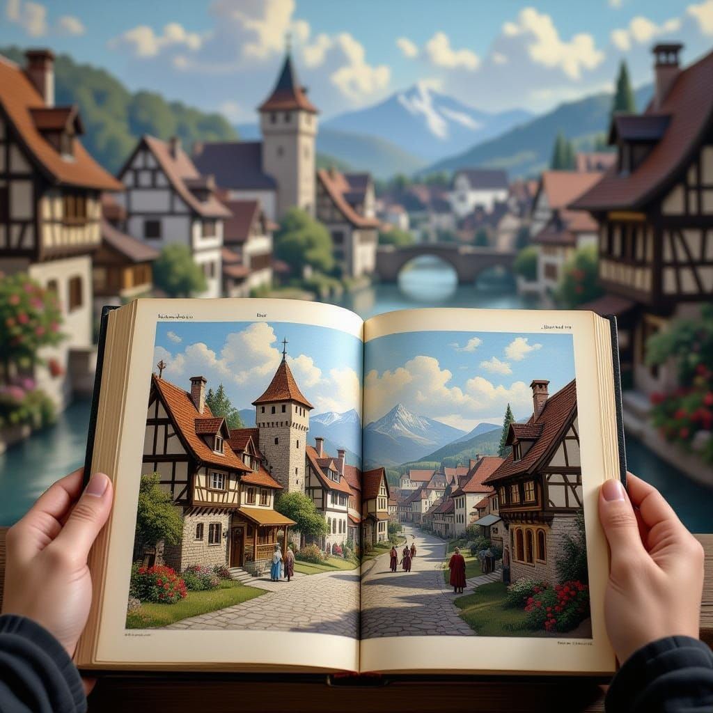 Hands Holding Open Book With Medieval Village Painting