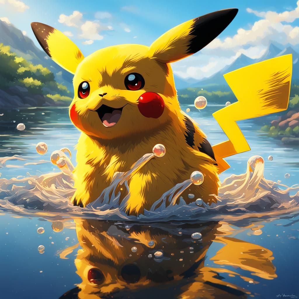 Pikachu's Lakeside Bath: Hyperdetailed Splash Art Portrait
