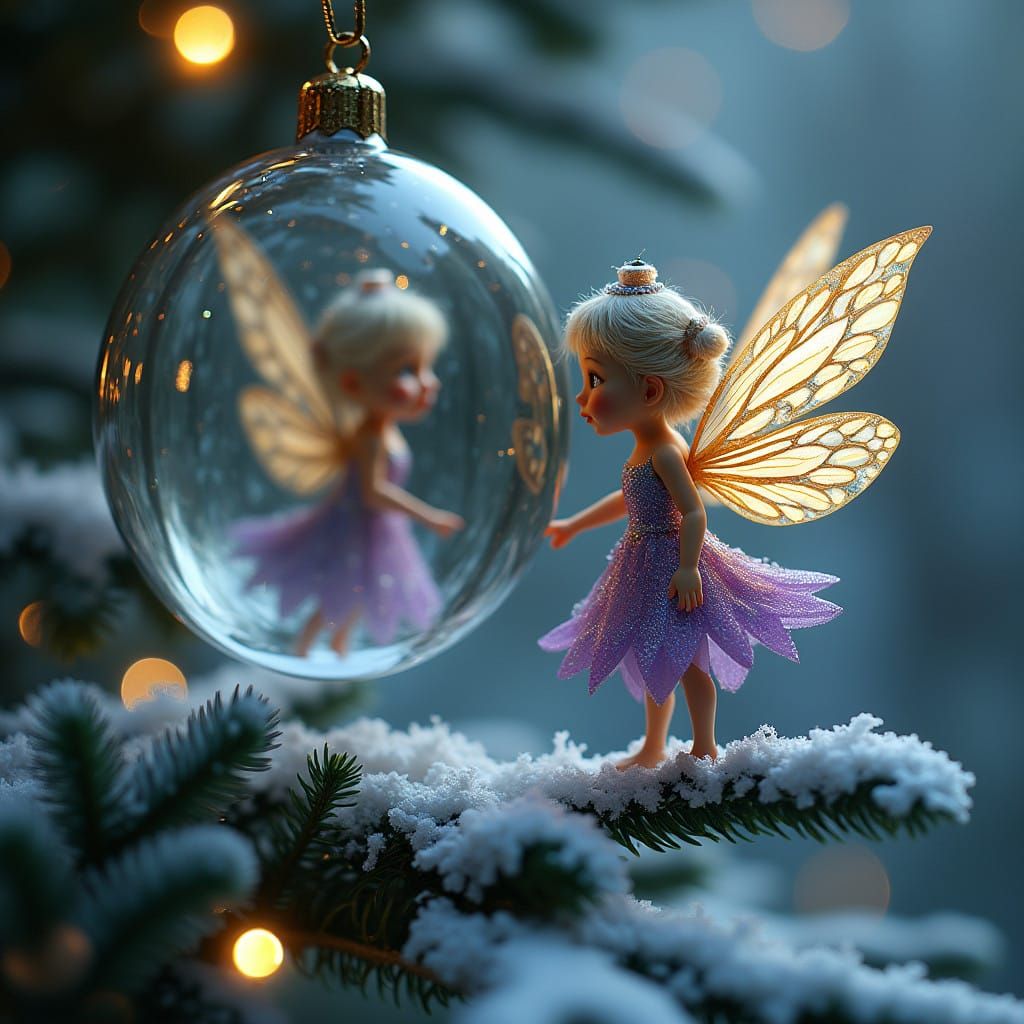 Enchanting Christmas Fairy Mirrored in Glass Ball, Amidst Wh...