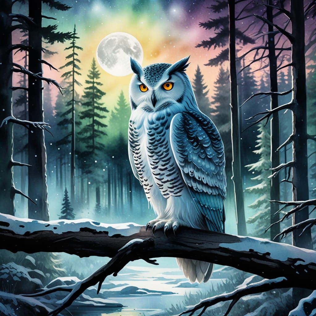 Majestic Snowy Owl with Wolf and Aurora Borealis