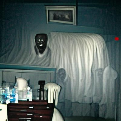 Eerie Ghostly Figure Behind Bed in Dark Room