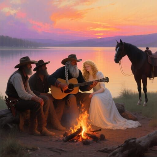 Cowboys by Campfire at Sunset, Romanticism Style