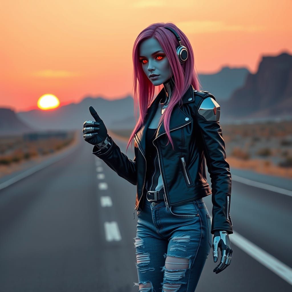 Cyborg Hitchhiker at Sunset in Futuristic Style