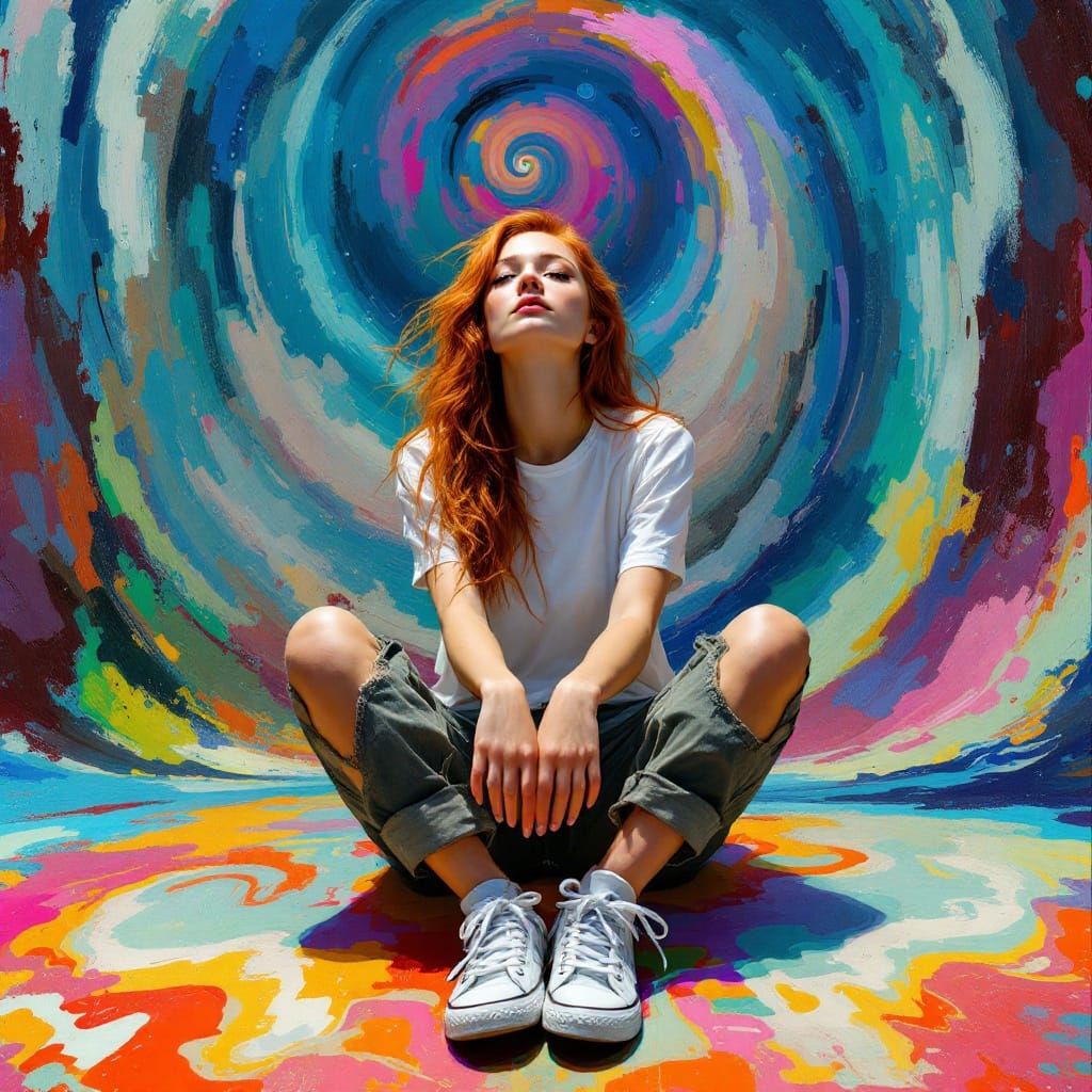 Hypnotized Redhead in Dreamlike Abstract Expressionism