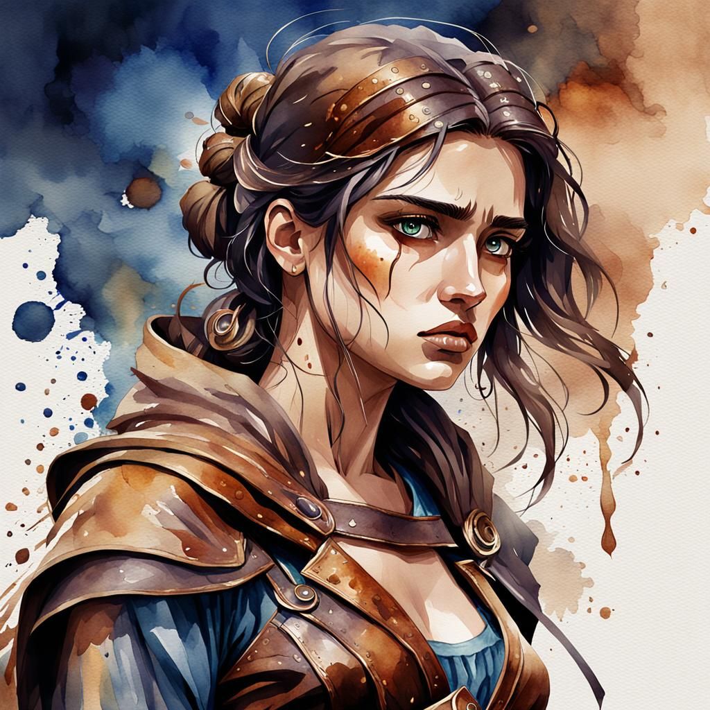 Depressed Greek Woman in Watercolor Style