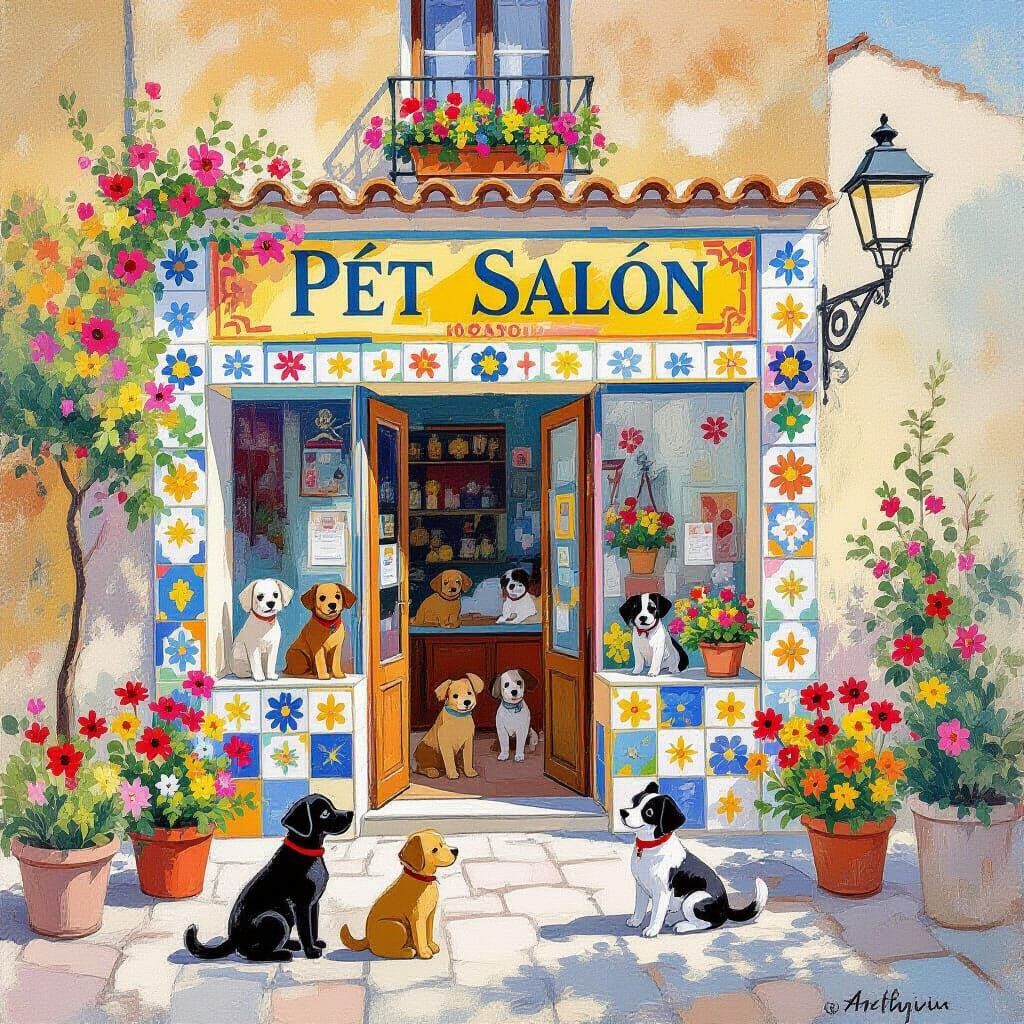 Charming Pet Salon in Spain, Impressionist Style