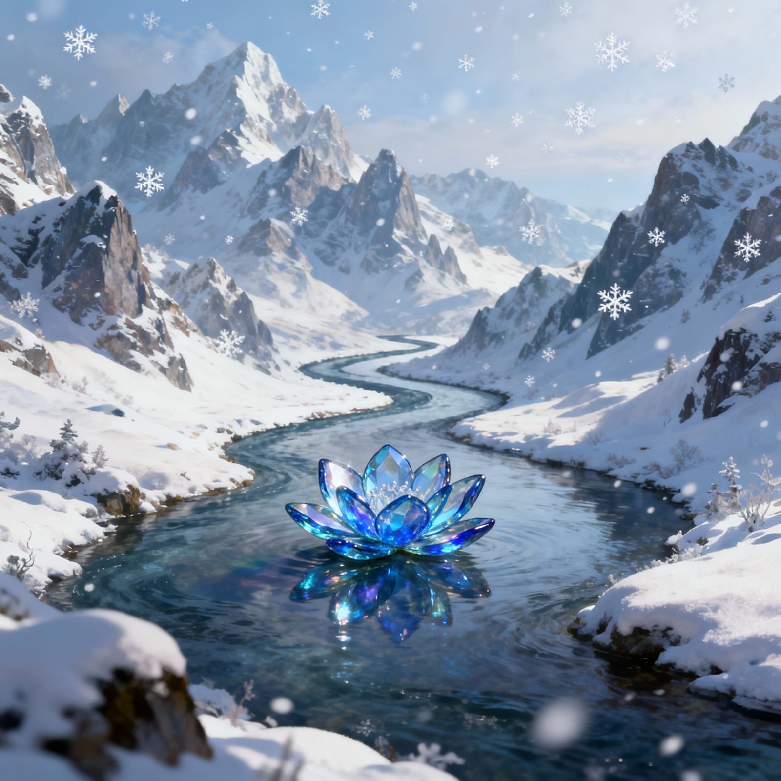 Iridescent Blue Glass Flower on Snowy Mountain River
