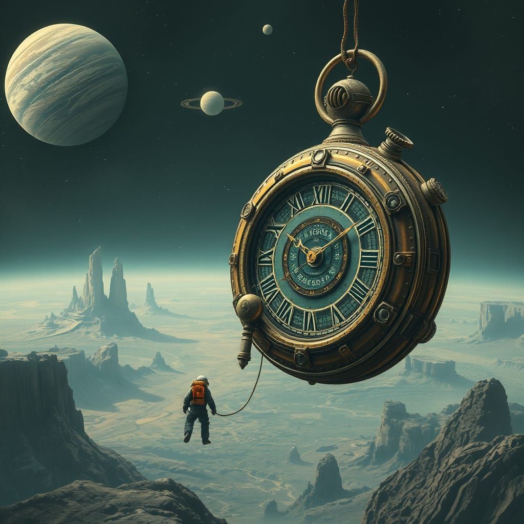 Astronaut Adrift Near Ornate Pocket Watch Space Station